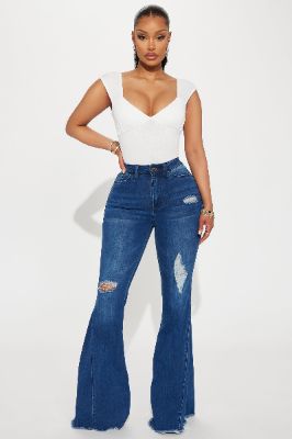 Piece Of My Heart Ripped Flare Jeans - Dark Wash sold by Fashion Nova