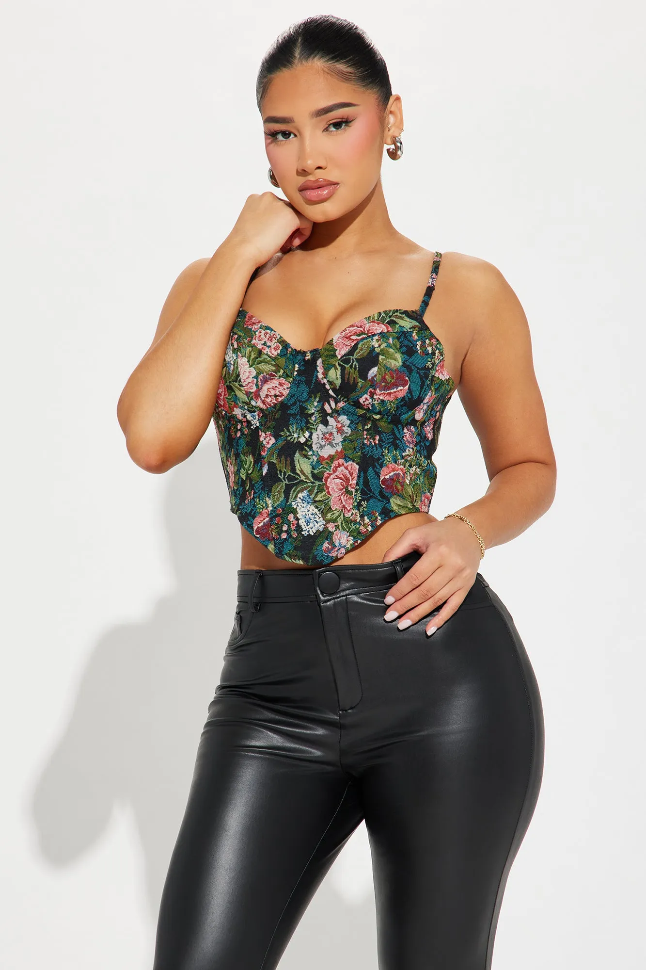 Clearly A Vibe Floral Corset Top - Black/combo sold by Fashion Nova