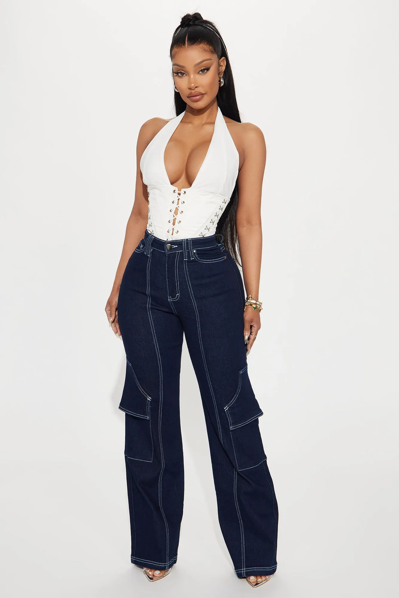 Dedicated To You Stretch Cargo Jeans - Dark Wash sold by Fashion Nova