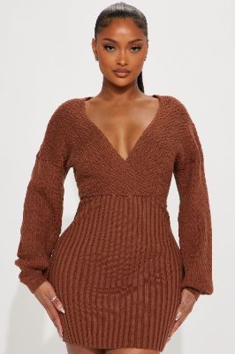 Aspen Sweater Mini Dress - Chocolate sold by Fashion Nova