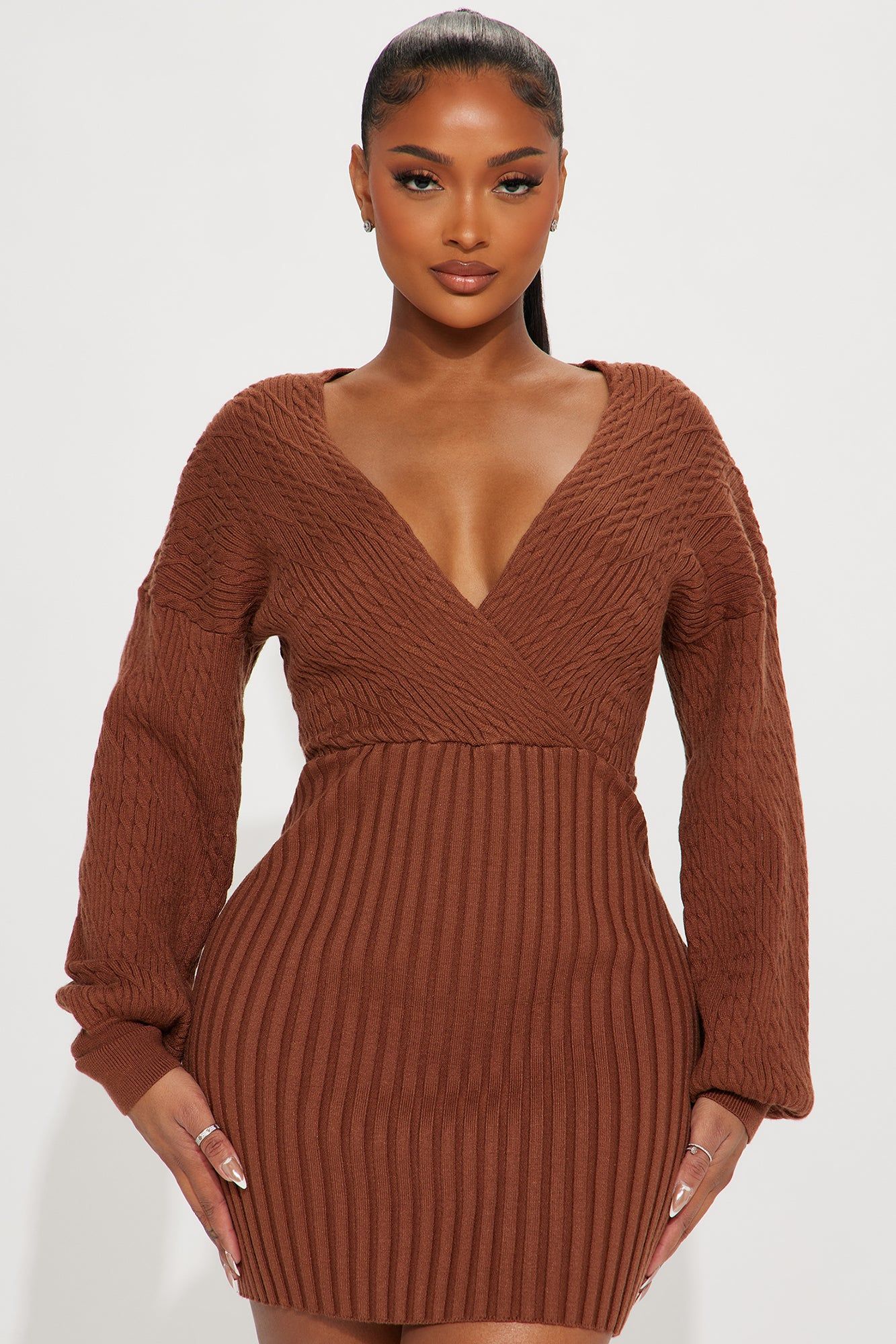 Aspen Sweater Mini Dress - Chocolate sold by Fashion Nova