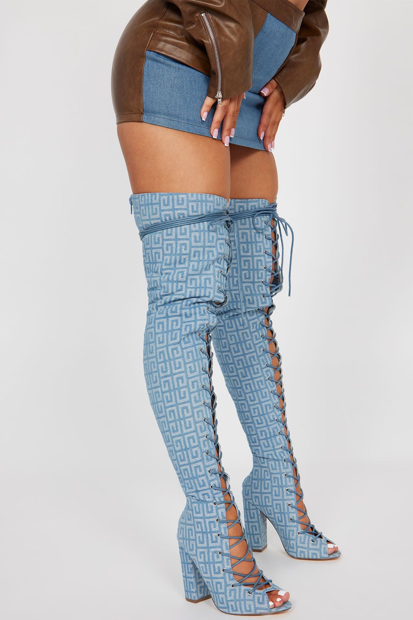Influence Me Over The Knee Heeled Boots - Denim sold by Fashion Nova