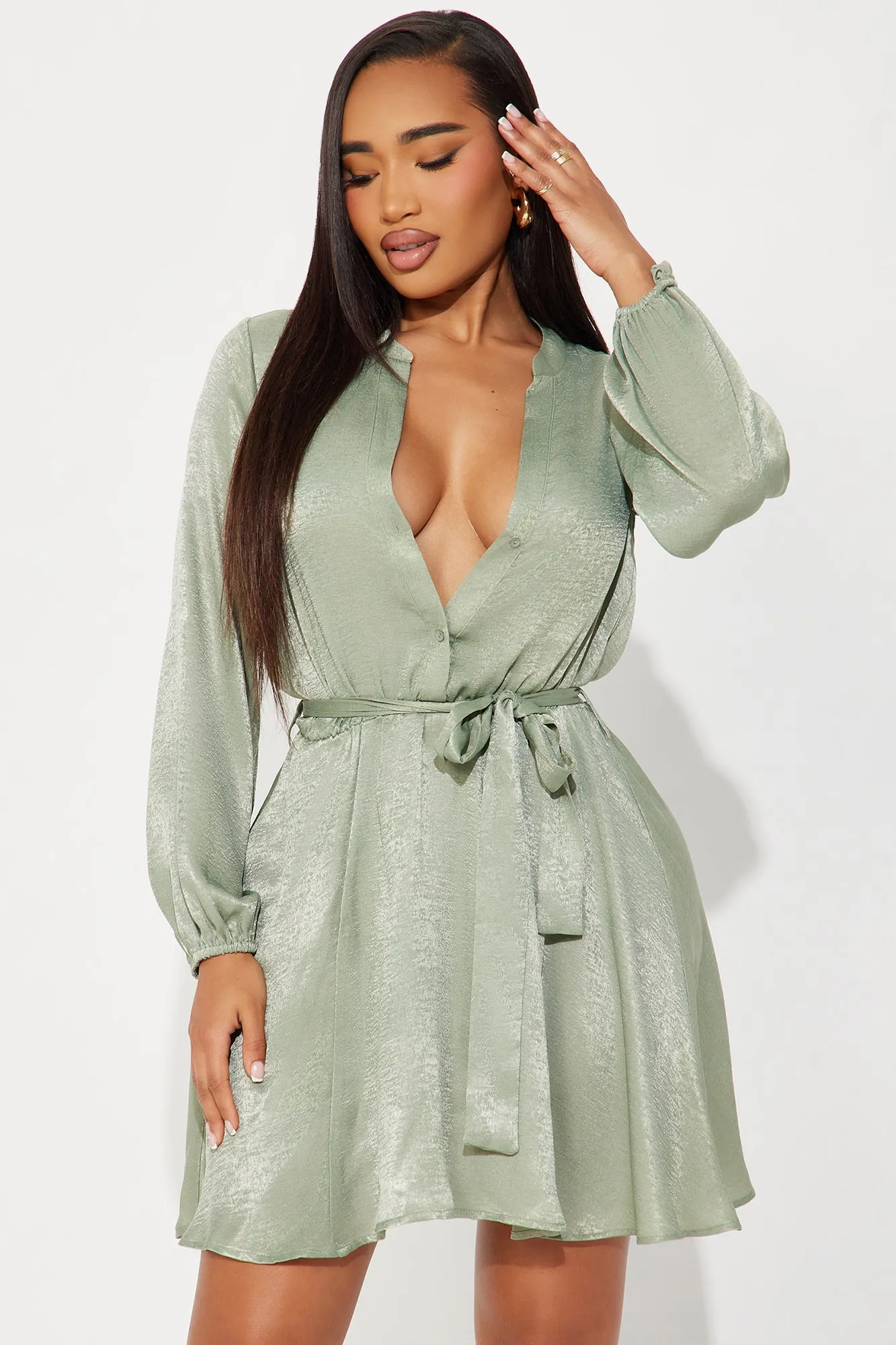 Boardroom Beauty Mini Shirt Dress - Sage sold by Fashion Nova