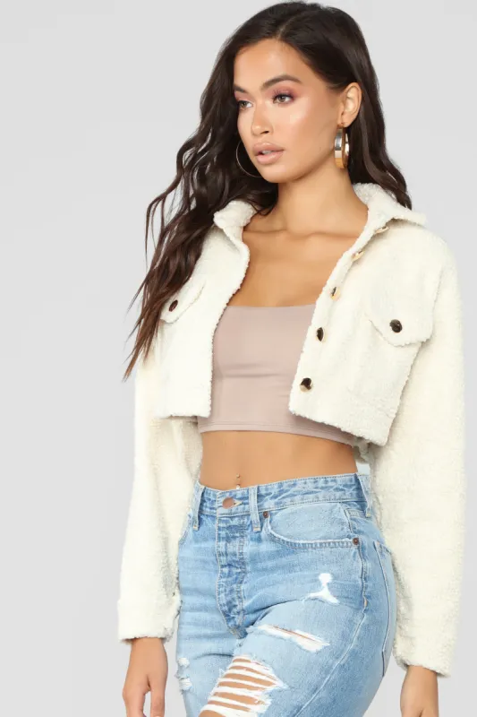Fuzzy Love Button Crop Jacket - Ivory sold by Fashion Nova