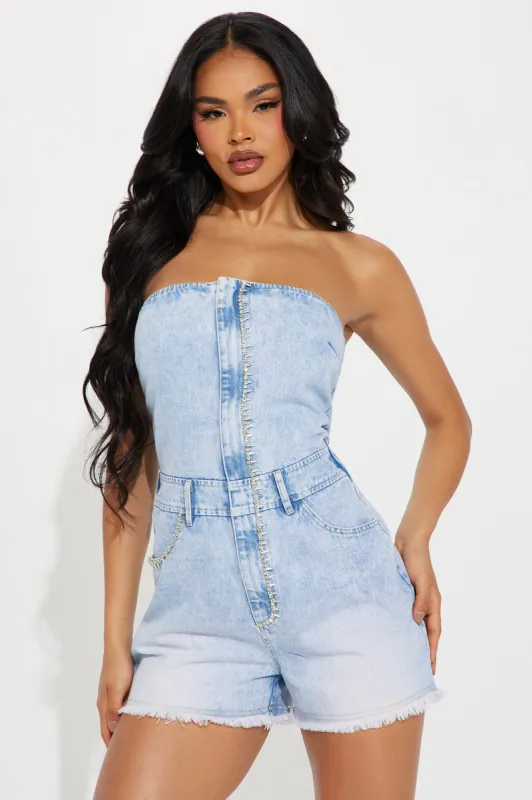 I Was Never There Denim Romper - Light Wash sold by Fashion Nova
