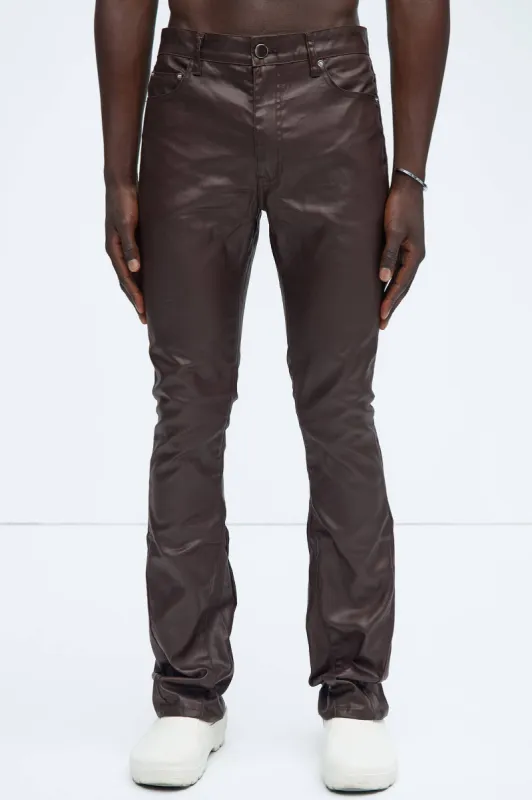 Keep It Solid Faux Leather Stacked Skinny Flare Pants - Chocolate sold by Fashion Nova