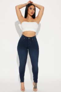 Off The Record Knit Denim Stretch Skinny Jeans - Dark Wash sold by Fashion Nova