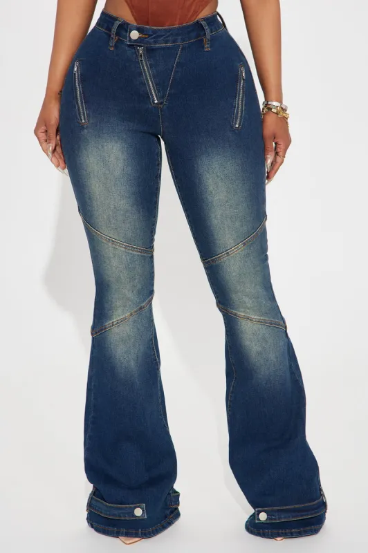 Let Me Introduce You  Stretch Moto Flare Jeans - Dark Wash sold by Fashion Nova