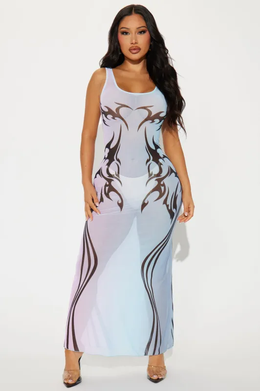 Tatianna Tattoo Mesh Cover Up Maxi Dress - Blue/combo sold by Fashion Nova
