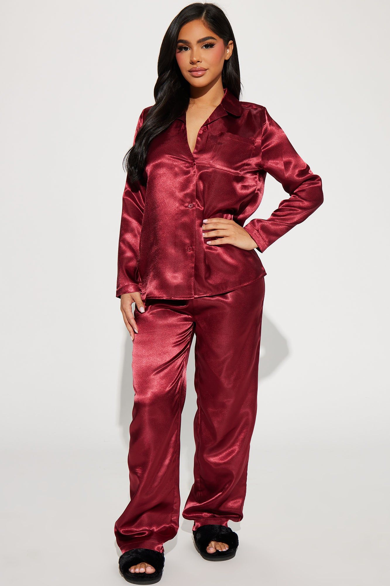 Pillow Fight Satin PJ Pant Set - Burgundy sold by Fashion Nova