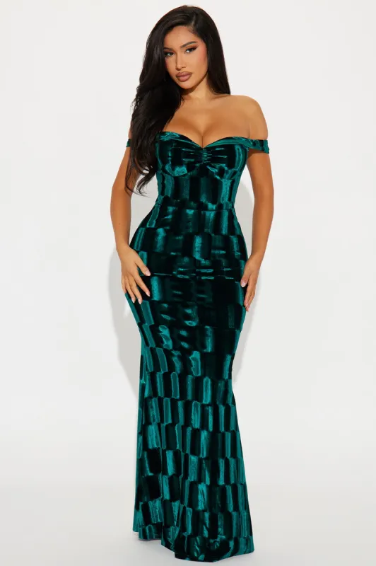 Molly Off Shoulder Velvet Maxi Dress - Hunter sold by Fashion Nova