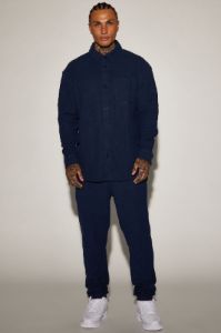 Dean Textured Long Sleeve Button Up Shirt - Navy sold by Fashion Nova