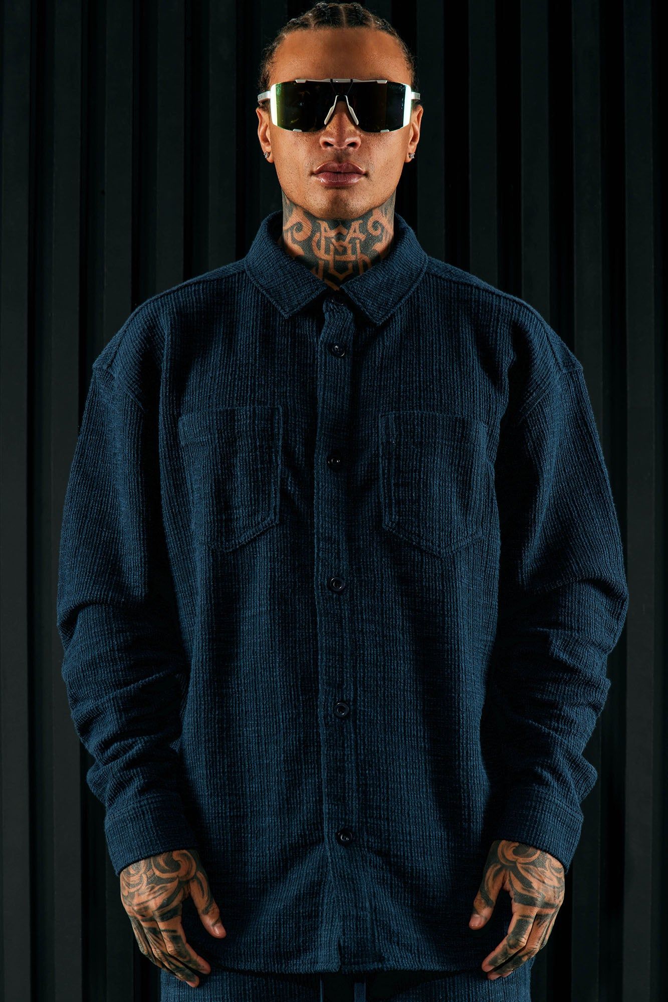 Dean Textured Long Sleeve Button Up Shirt - Navy sold by Fashion Nova