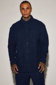 Dean Textured Long Sleeve Button Up Shirt - Navy sold by Fashion Nova
