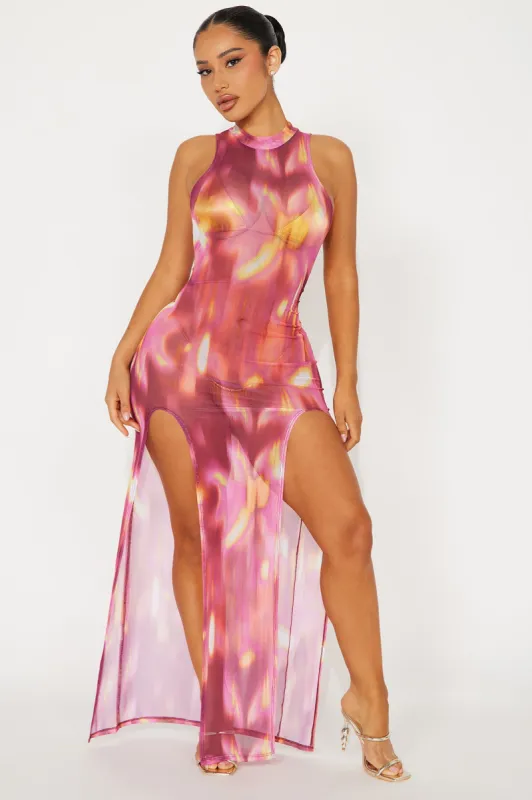 Teyana Mesh Cover Up Maxi Dress - Pink/combo sold by Fashion Nova