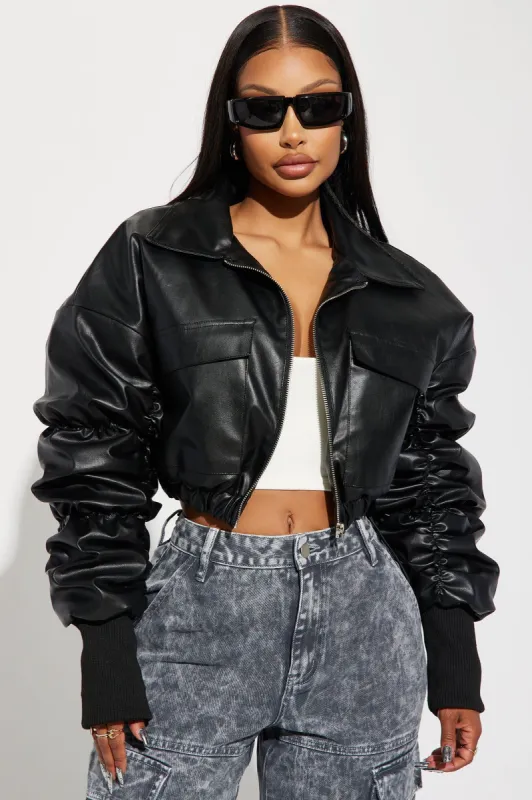 It's Time Faux Leather Bomber Jacket - Black sold by Fashion Nova