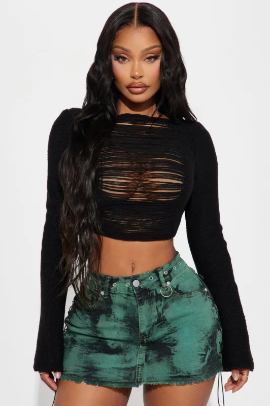 Play It Cool Distressed Sweater - Black sold by Fashion Nova