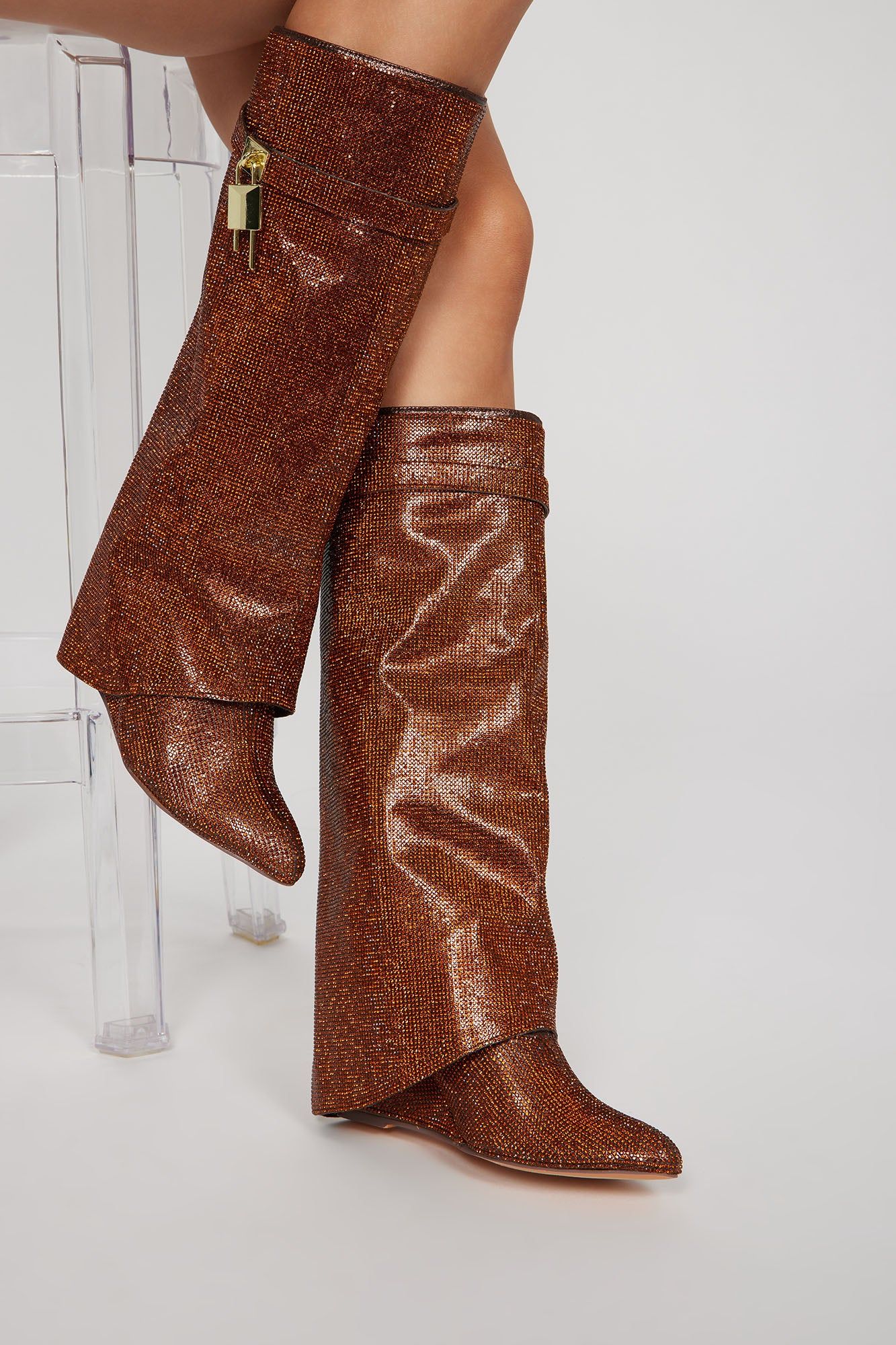 Everything You Need Embellished Overlay Boots - Bronze sold by Fashion Nova