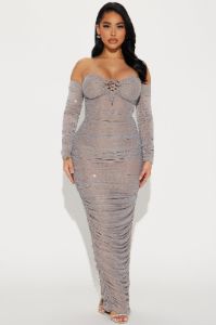 Gemma Rhinestone Mesh Maxi Dress - Grey sold by Fashion Nova