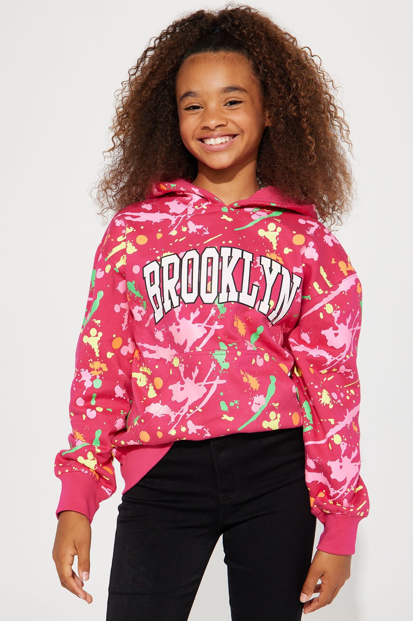 Mini Brooklyn Splatter Fleece Hoodie - Fuchsia sold by Fashion Nova