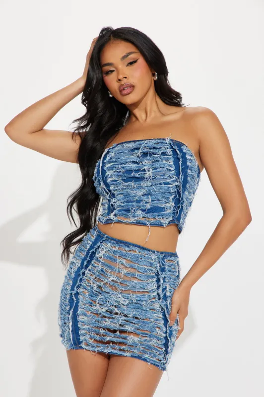 Torn Apart Denim Skirt Set - Medium Wash sold by Fashion Nova