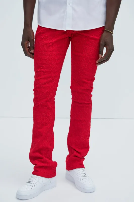 No Trace Just Lace Stacked Skinny Flare Pants - Red sold by Fashion Nova