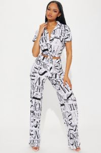 Lea Conversation Plisse Pant Set - White/combo sold by Fashion Nova
