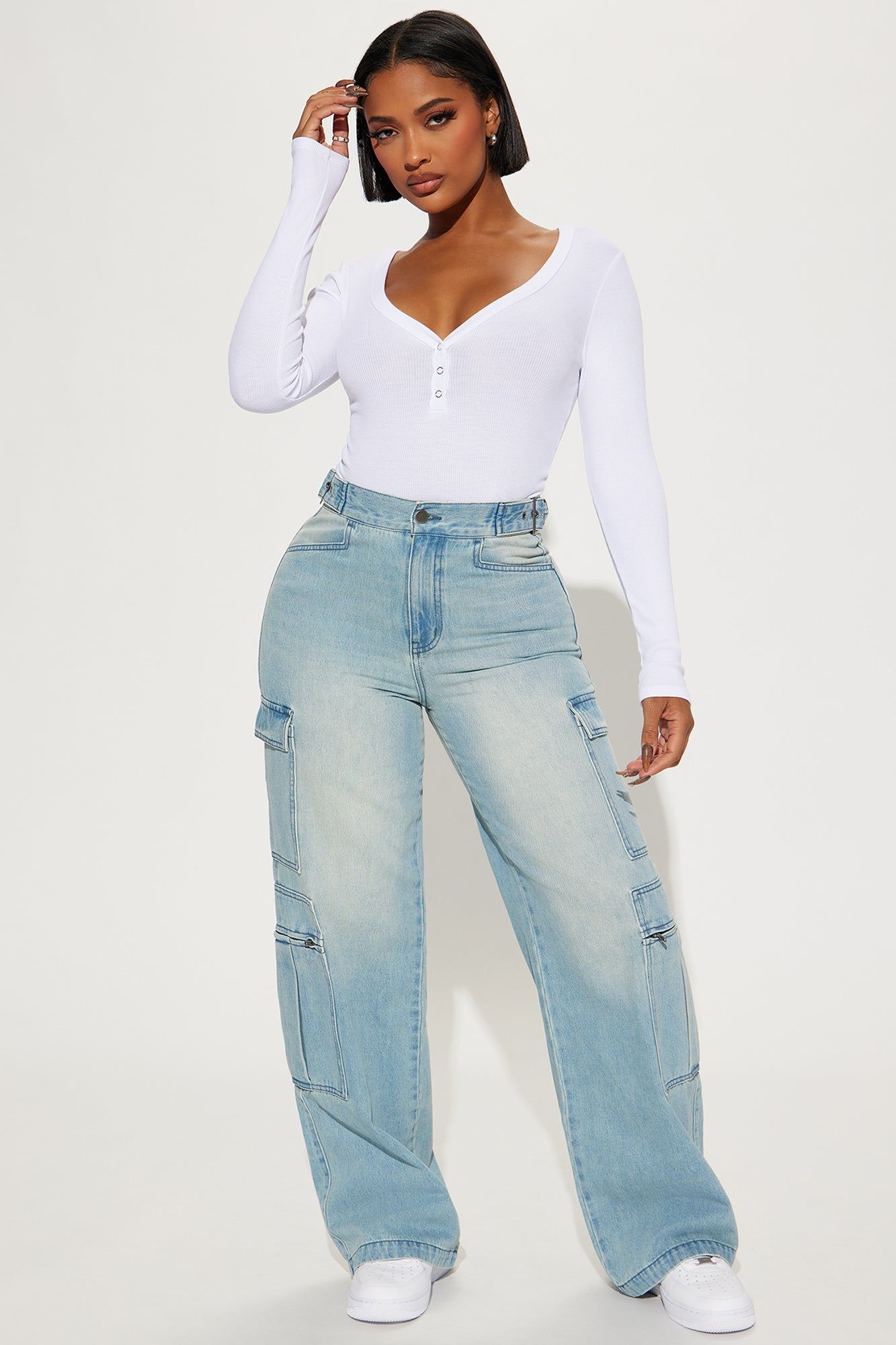 Just Once Tinted Baggy Cargo Jeans - Light Wash sold by Fashion Nova