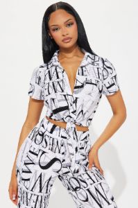 Lea Conversation Plisse Pant Set - White/combo sold by Fashion Nova