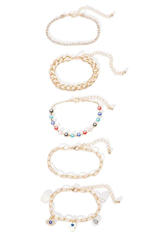 No Bad Vibes 5 Piece Bracelet Set - Gold/combo sold by Fashion Nova