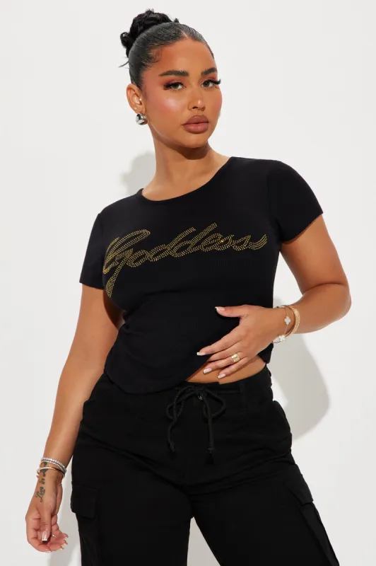 Goddess Rhinestone Tee - Black sold by Fashion Nova