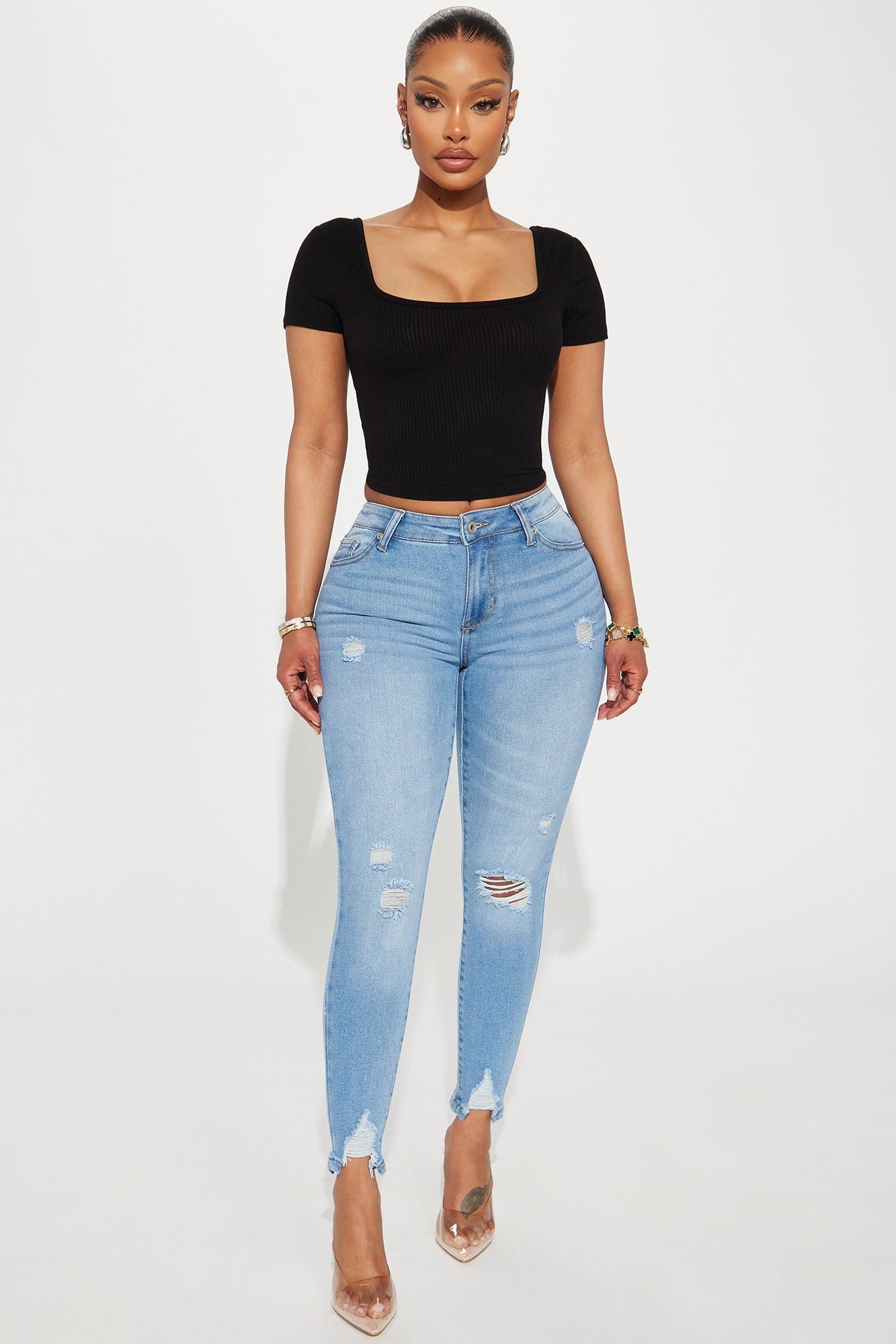 Fitting In Ripped Stretch Skinny Jeans - Vintage Wash sold by Fashion Nova