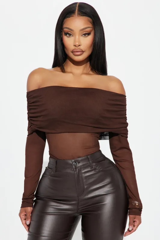 Gina Off Shoulder Mesh Top - Brown sold by Fashion Nova