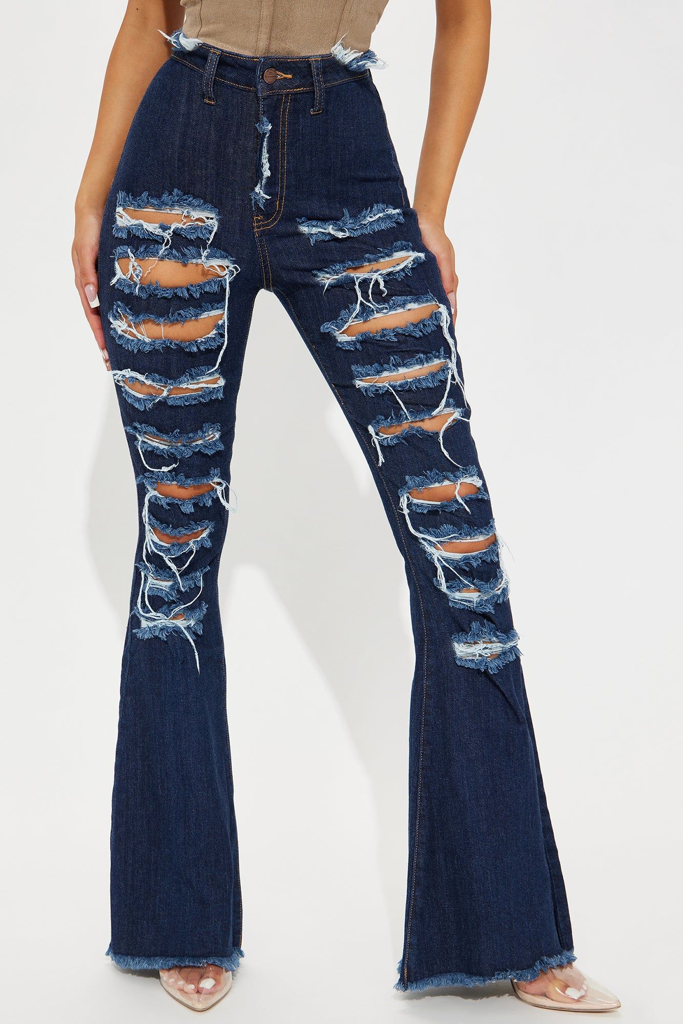 Perfect Storm Shredded Stretch Flare Jeans - Dark Wash sold by Fashion Nova product image thumbnail 2