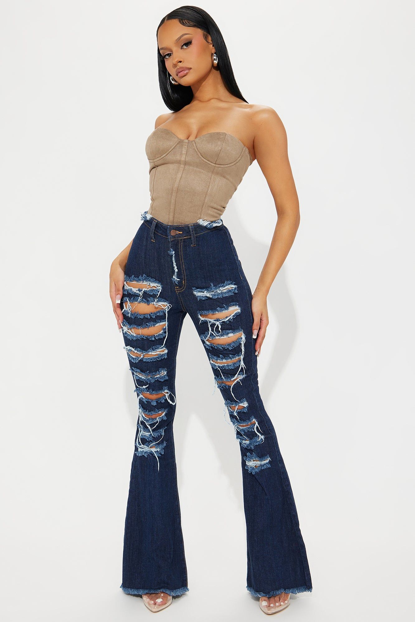 Perfect Storm Shredded Stretch Flare Jeans - Dark Wash sold by Fashion Nova