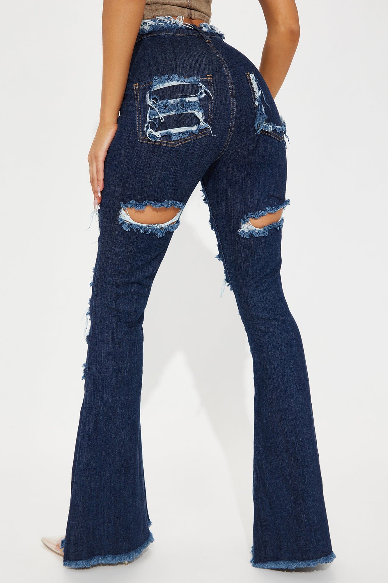 Perfect Storm Shredded Stretch Flare Jeans - Dark Wash sold by Fashion Nova product image thumbnail 4