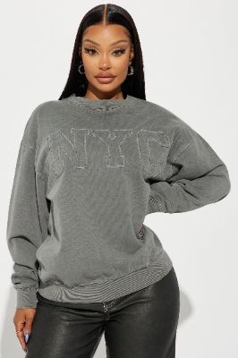 NYC Collegiate Patch Sweatshirt - Grey Mineral Wash made by Fashion Nova