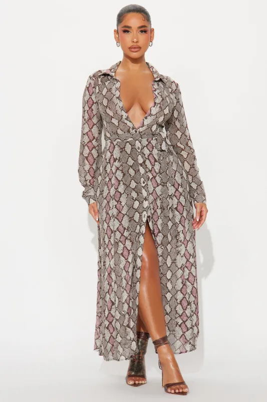 Zara Chiffon Midi Shirt Dress - Grey/combo sold by Fashion Nova