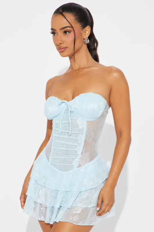 Sweet Pea Lace Micro Mini Dress - Light Blue sold by Fashion Nova