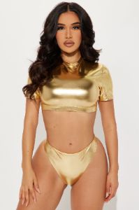 Maui Metallic Mid Rise Cheeky Bikini Bottom - Gold sold by Fashion Nova