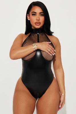 Try To Play It Cool Mesh Bodysuit Teddy - Black sold by Fashion Nova