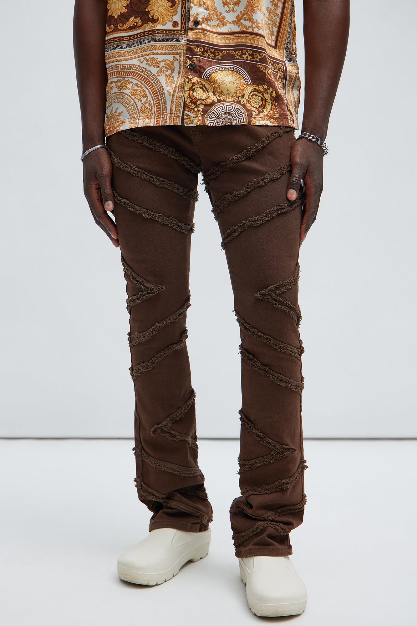 Check Me Out Fray Stacked Skinny Flare Pants - Chocolate sold by Fashion Nova