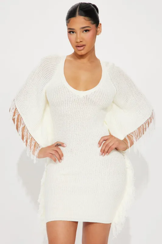 Dia Knit Solid Fringe Mini Dress - White sold by Fashion Nova