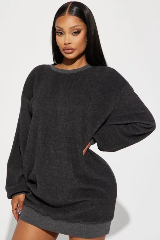 Not Sweating Sweatshirt Mini Dress - Charcoal sold by Fashion Nova