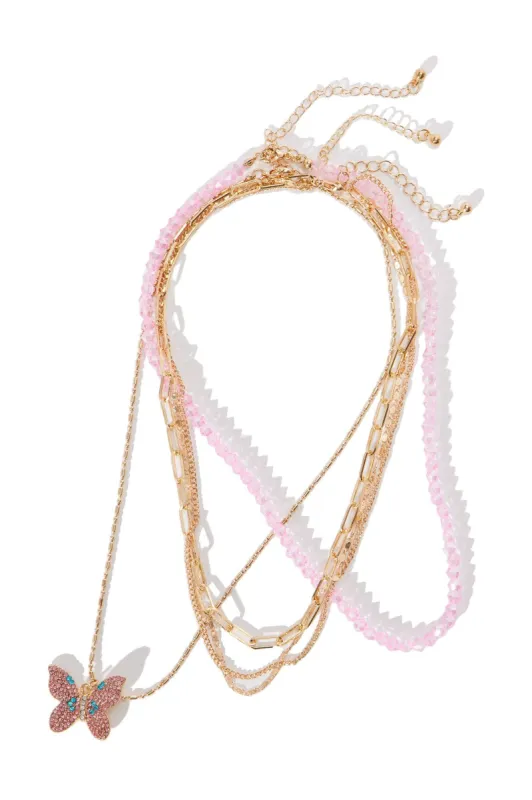 Beaded Butterfly Layered Necklace  - Gold/Pink sold by Fashion Nova