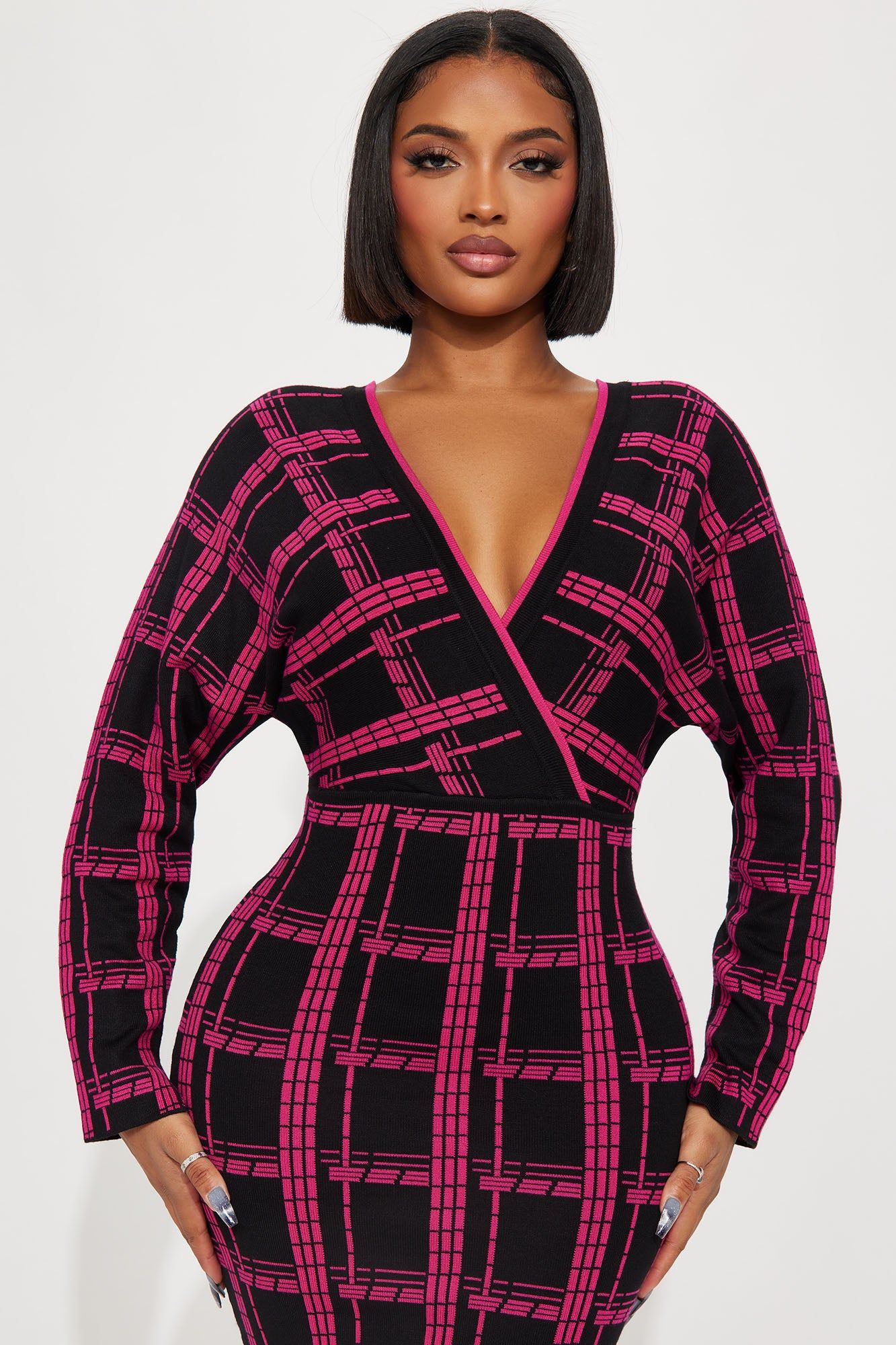 Talia Plaid Sweater Midi Dress - Fuchsia/combo sold by Fashion Nova product image thumbnail 2