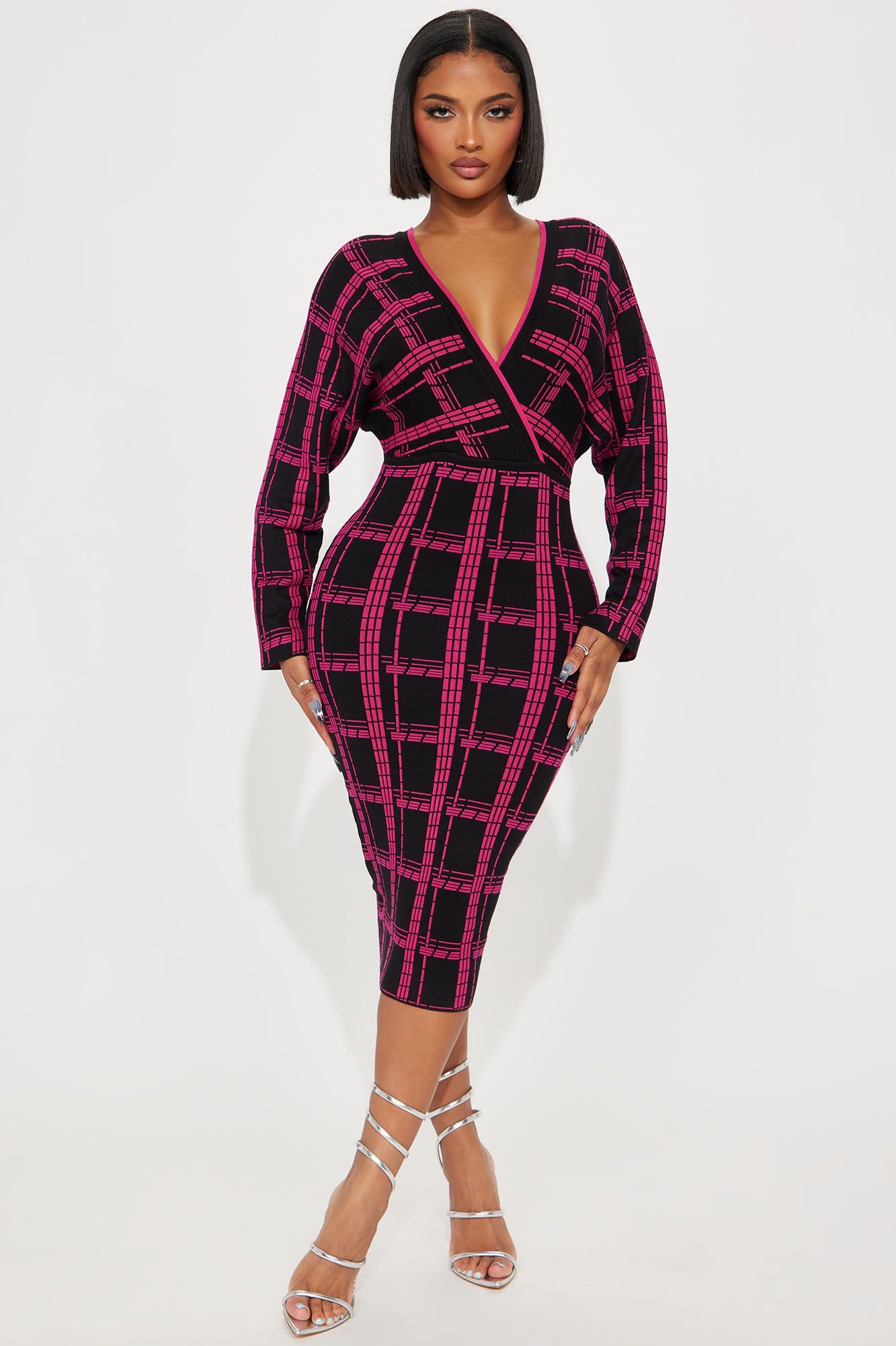 Talia Plaid Sweater Midi Dress - Fuchsia/combo sold by Fashion Nova