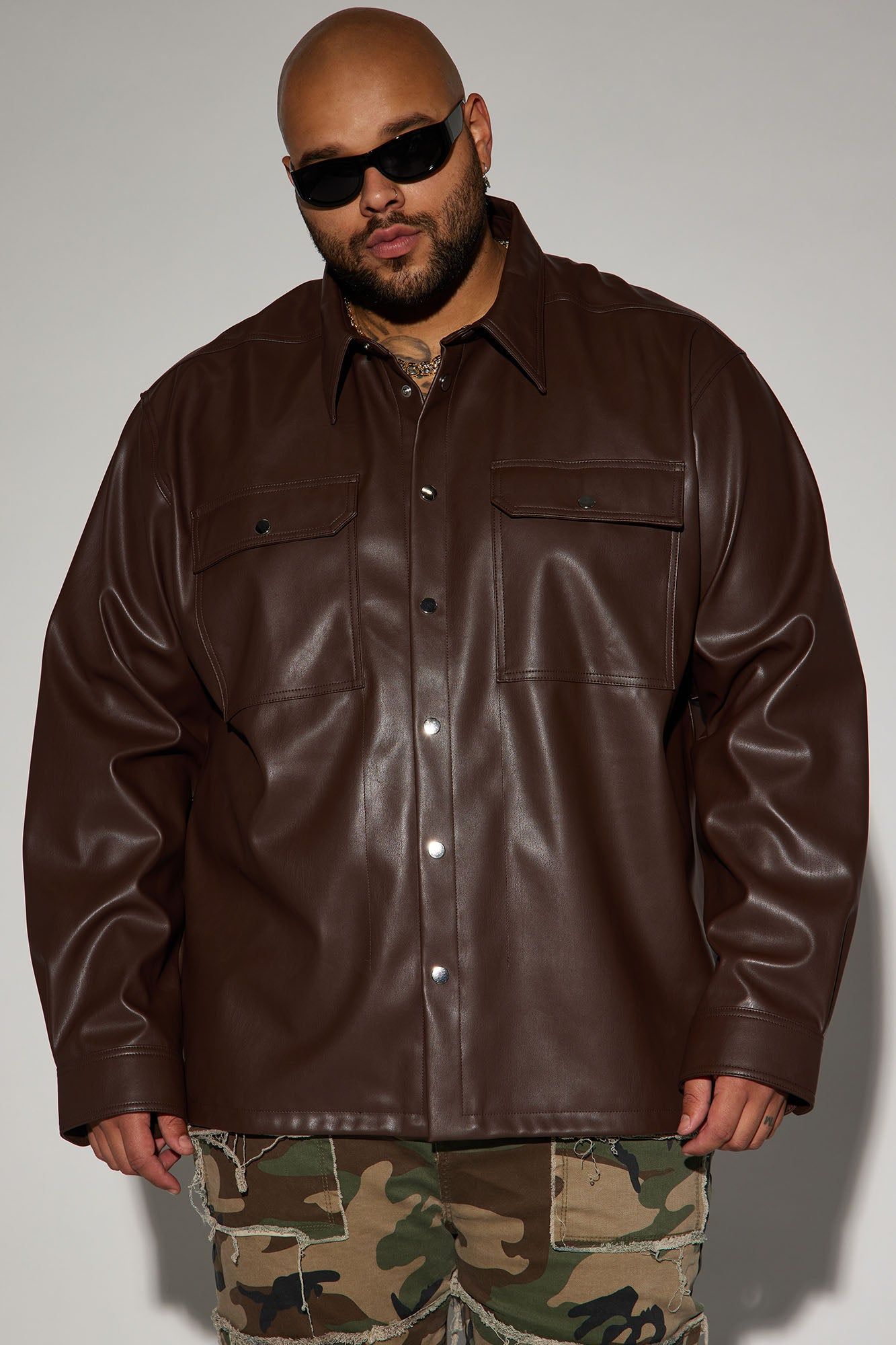 Bowery Faux Leather Button Up Shirt - Dark Brown sold by Fashion Nova product image thumbnail 3