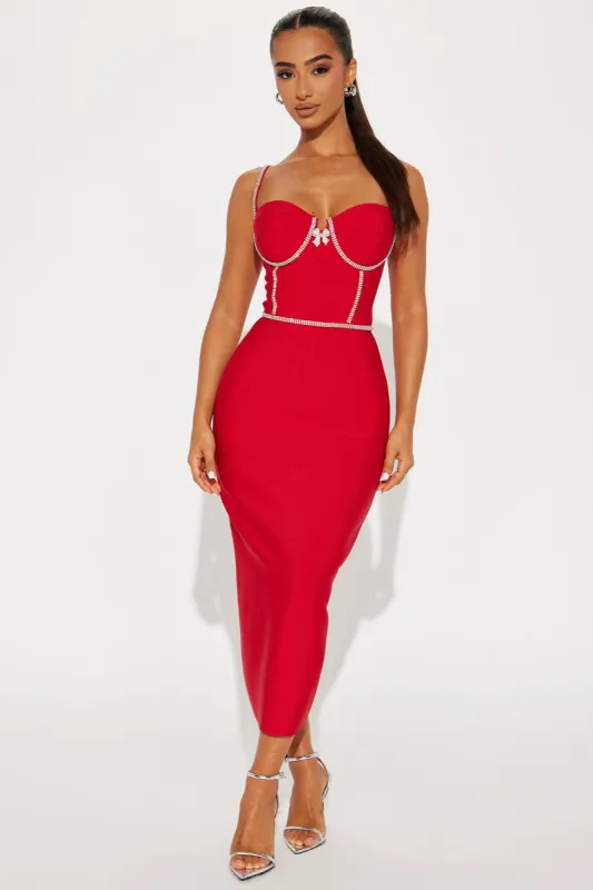 Lara Rhinestone Bandage Midi Dress - Red sold by Fashion Nova