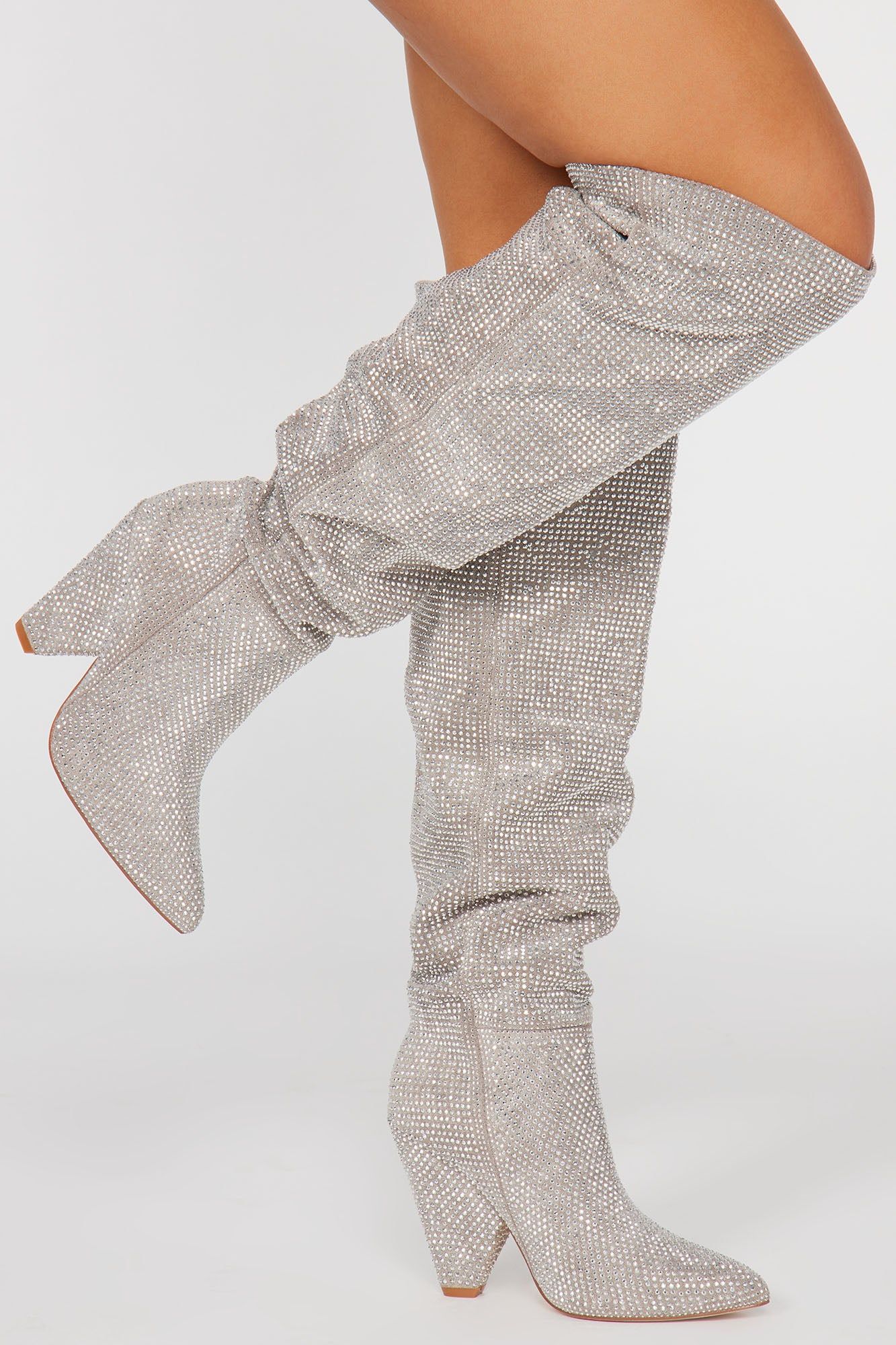 Carnival Nights Embellished Boots - Silver sold by Fashion Nova